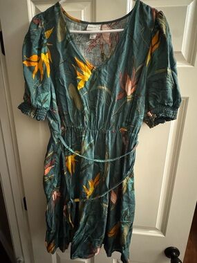 Ava&Viv Teal Floral Tie-Waist Dress with Yellow & Pink Blooms